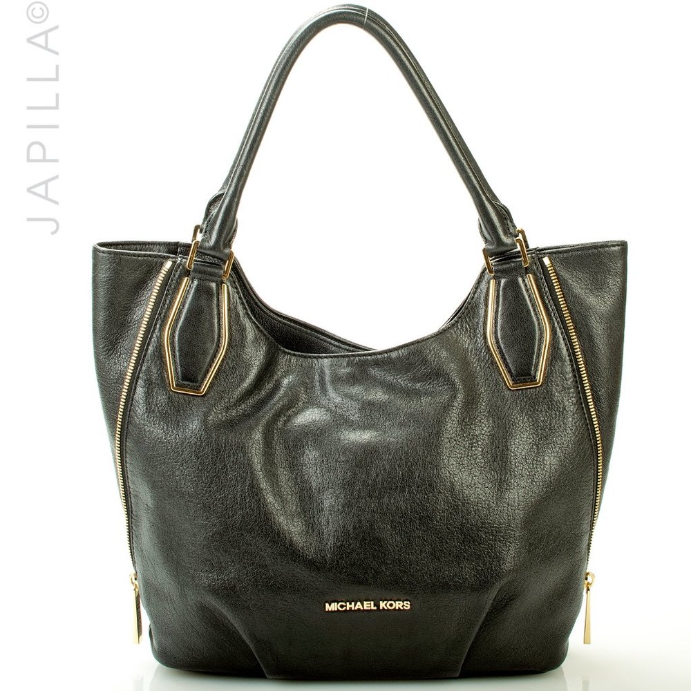 MICHAEL KORS ZIPPERED BLACK LEATHER SHOULDER BAG TOTE